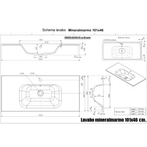 Disegno tecnico lavabo singolo t.b.t. in mineralmarmo 101x46 cm con dimensioni.