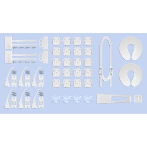 Set sicurezza bambini 36 pezzi: copri prese, paraspigoli, blocchi per armadietti e altro.