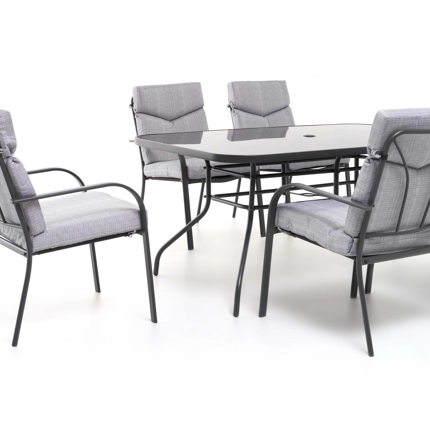 Set di mobili da giardino grigio con tavolo e quattro sedie per giardino o patio.