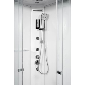 Cabina doccia t.b.t. con soffione, getti massaggianti e comandi.