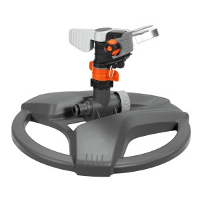 Irrigatore a settore Gardena Premium con slitta per irrigazione prato. Regolabile, grigio/arancio.