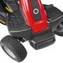 Dettaglio: Tosaerba rider rosso Troy-Bilt Mini-Rider 60T-R, focus su pneumatici e pedana.