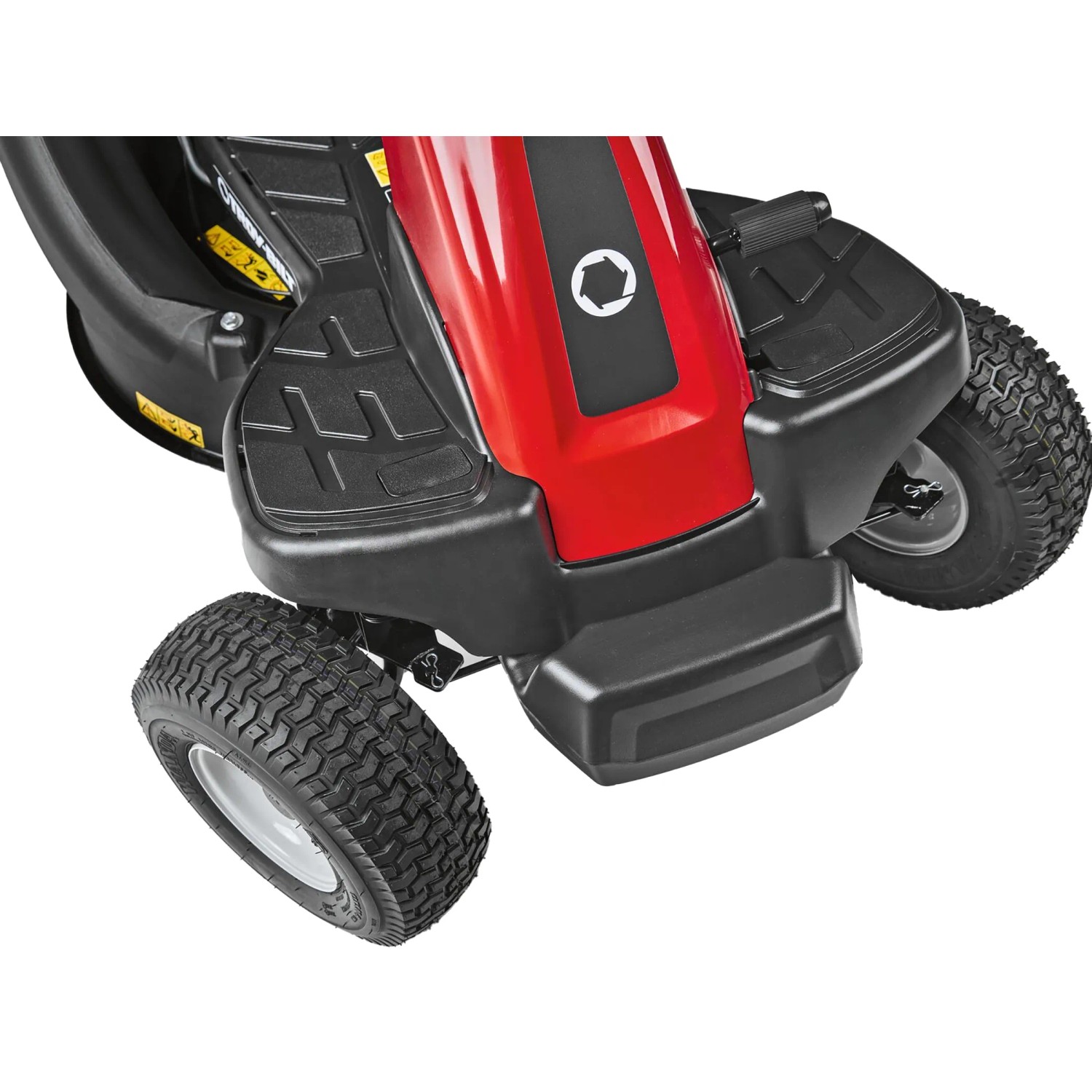 Dettaglio: Tosaerba rider rosso Troy-Bilt Mini-Rider 60T-R, focus su pneumatici e pedana.