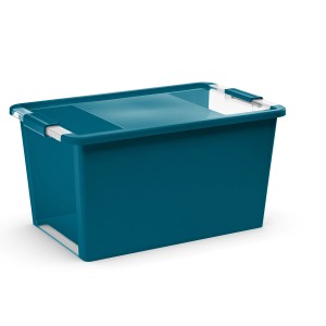Contenitore blu con coperchio trasparente, ideale per lo stoccaggio.