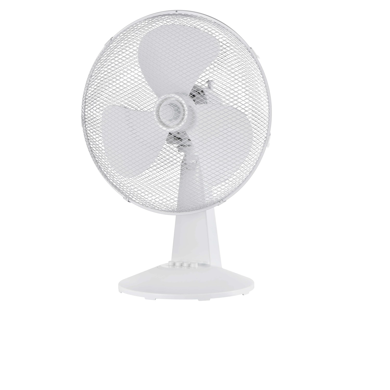 Ventilatore da tavolo bianco con griglia di protezione per un utilizzo sicuro.