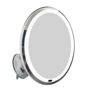 Specchio da parete t.b.t. rotondo con illuminazione LED e ventosa.