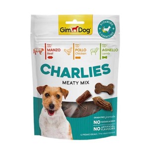 GimDog Charlies Meaty Mix snack per cani con manzo, pollo e agnello. Formula senza cereali.