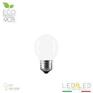 Lampadina LED E27 bianca a forma sferica.