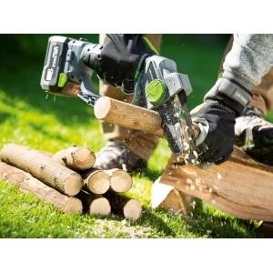Motosega a batteria LUX che taglia legna, accessori per motoseghe.