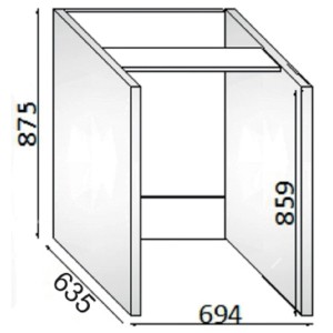 Schizzo di un mobile bagno aperto con dimensioni.