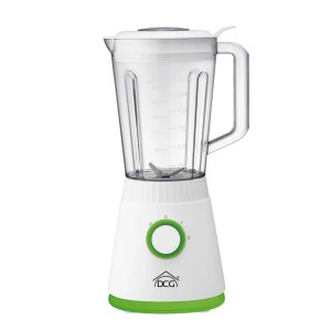 Frullatore da cucina bianco con caraffa trasparente e dettagli verdi.