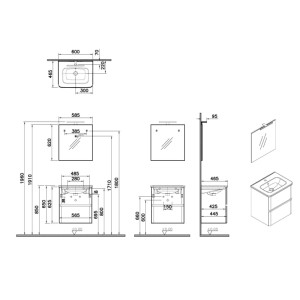 Mobile bagno lavabo+specchio LED sospeso 2 cassetti Mia Plus 60 cm bianco lucido
