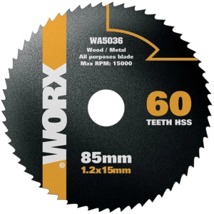 Lama per sega circolare Worx WA5036, 60 denti, HSS, diametro 85mm per legno, PVC e alluminio.