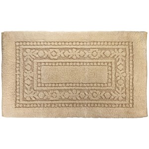 Tappeto da bagno beige con motivo floreale e design rettangolare.