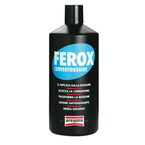 Flacone nero di convertitore di ruggine Ferox per fondi e pitture isolanti.