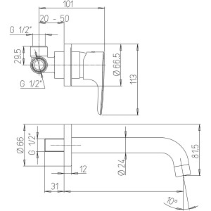Disegno tecnico: t.b.t. rubinetto lavabo con dimensioni.