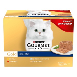 Confezione di cibo umido per gatti Purina Gourmet Gold Mousse con gatto e illustrazione del cibo.