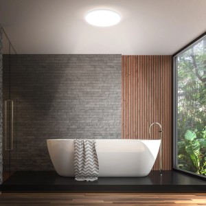 Moderna lampada da bagno a LED Briloner senza cornice, 29cm, in un bagno.