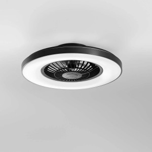 Plafoniera LED nera con ventilatore e illuminazione ad anello.