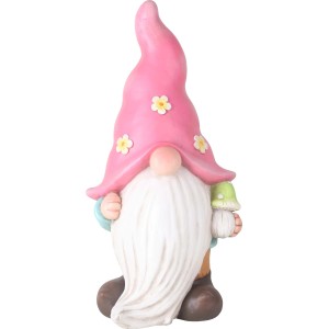 Gnomo da giardino rosa con fungo, 48 cm, in polystone, decorazione per giardino e balcone.