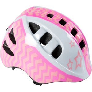 Casco da bici bianco e rosa con motivo a zigzag e stelle per bambini.