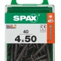 Viti SPAX nere 4x50 mm in contenitore di plastica trasparente.