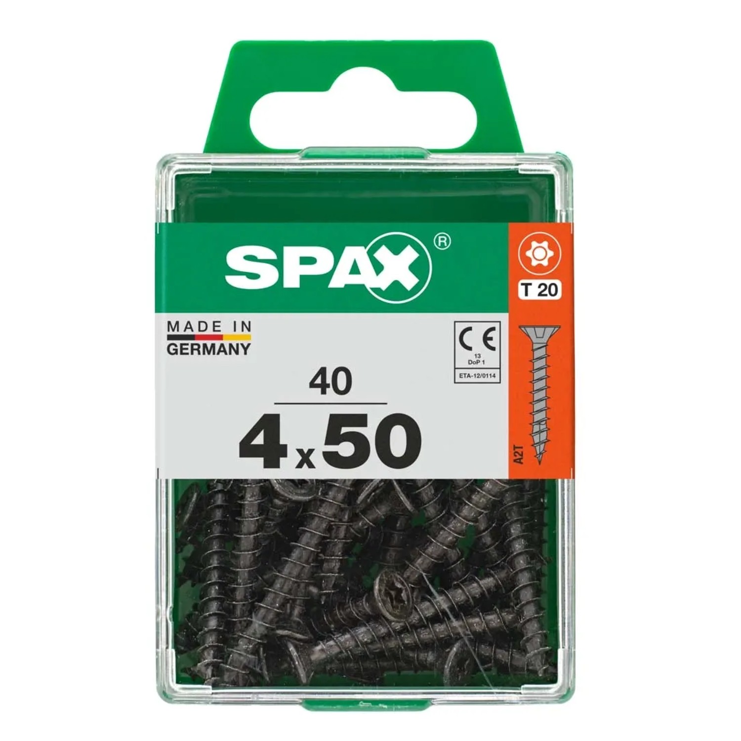 Viti SPAX nere 4x50 mm in contenitore di plastica trasparente.