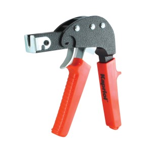 Attrezzo t.b.t. per muratori e piastrellisti con manico rosso.