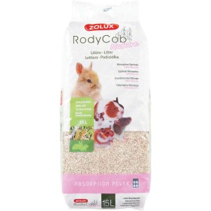 Lettiera per piccoli animali Zolux RodyCob Nature, sacco da 15L con illustrazione di coniglio, cavia e criceto.