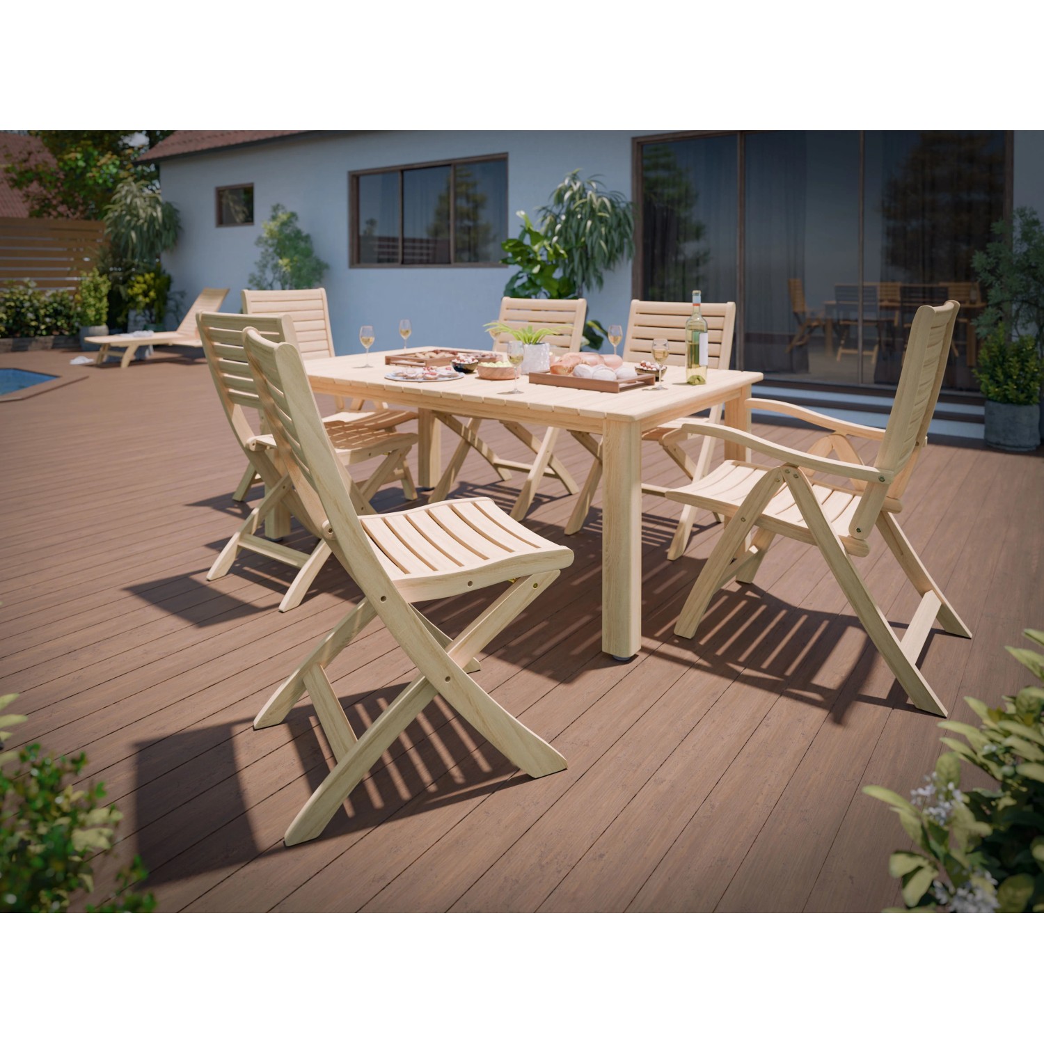 Scena da giardino con sedia pieghevole Canston in legno naturale e tavolo da giardino abbinato su una terrazza.