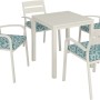 Set mobili da balcone: 4 sedie impilabili Prata con cuscini e tavolo color écru.