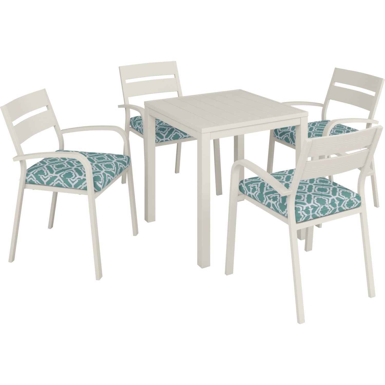 Set mobili da balcone: 4 sedie impilabili Prata con cuscini e tavolo color écru.