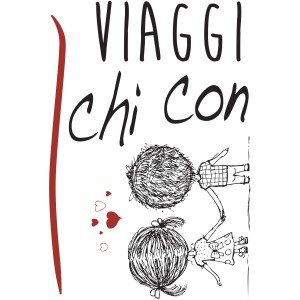 Adesivo da parete t.b.t. con illustrazione di bambini e la scritta 'VIAGGI chi con'.