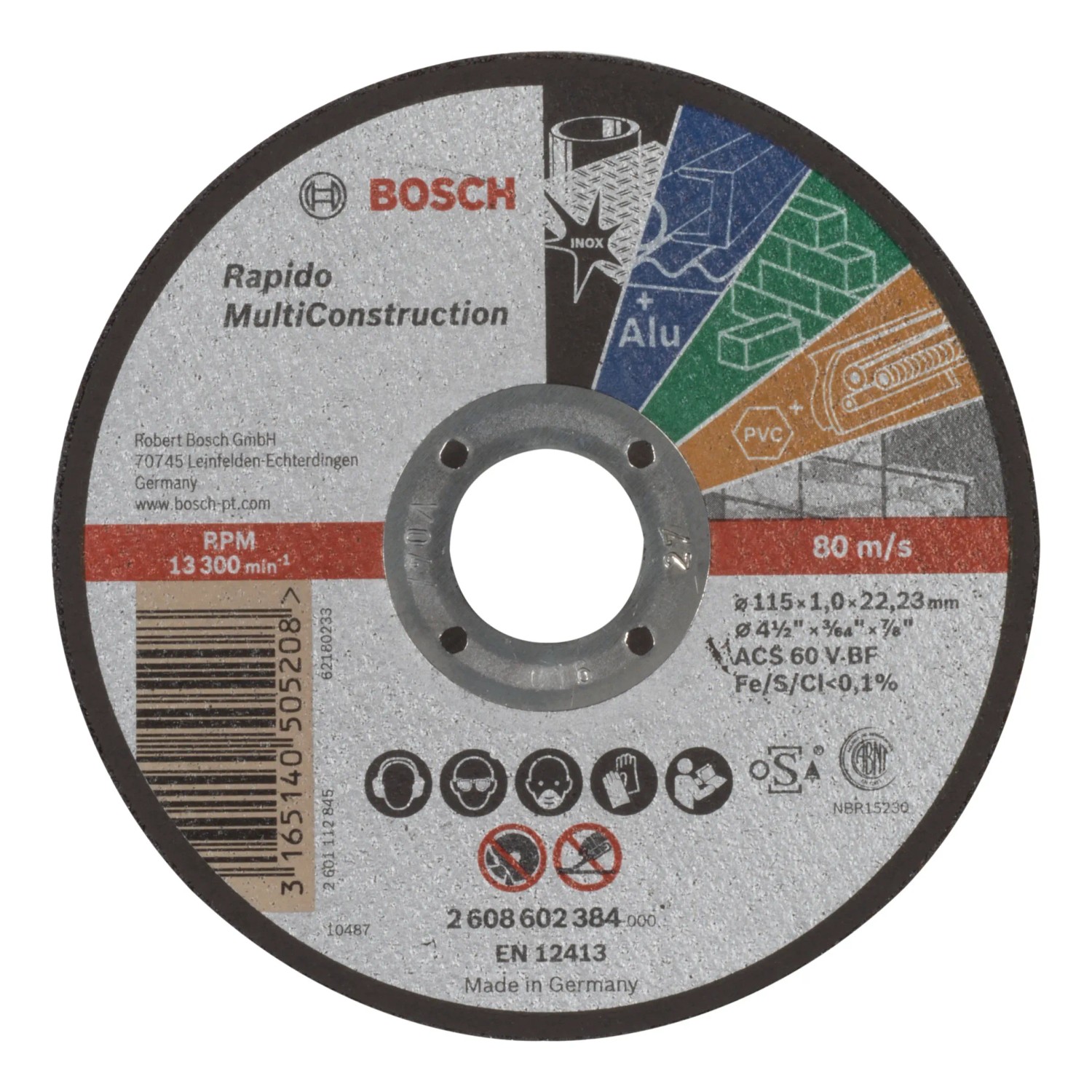 Disco da taglio Bosch Rapido Multi Construction, diametro 115 mm per smerigliatrici angolari.