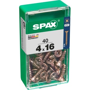 Viti per legno SPAX 4x16 mm in contenitore di plastica verde, ideali per giunzioni in legno.