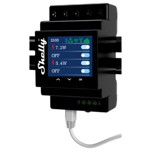 Modulo relè nero Shelly Pro 4PM per domotica con display e porta LAN.