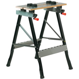 Banco da lavoro e di serraggio con telaio nero e ganasce, ideale per lavori in officina.