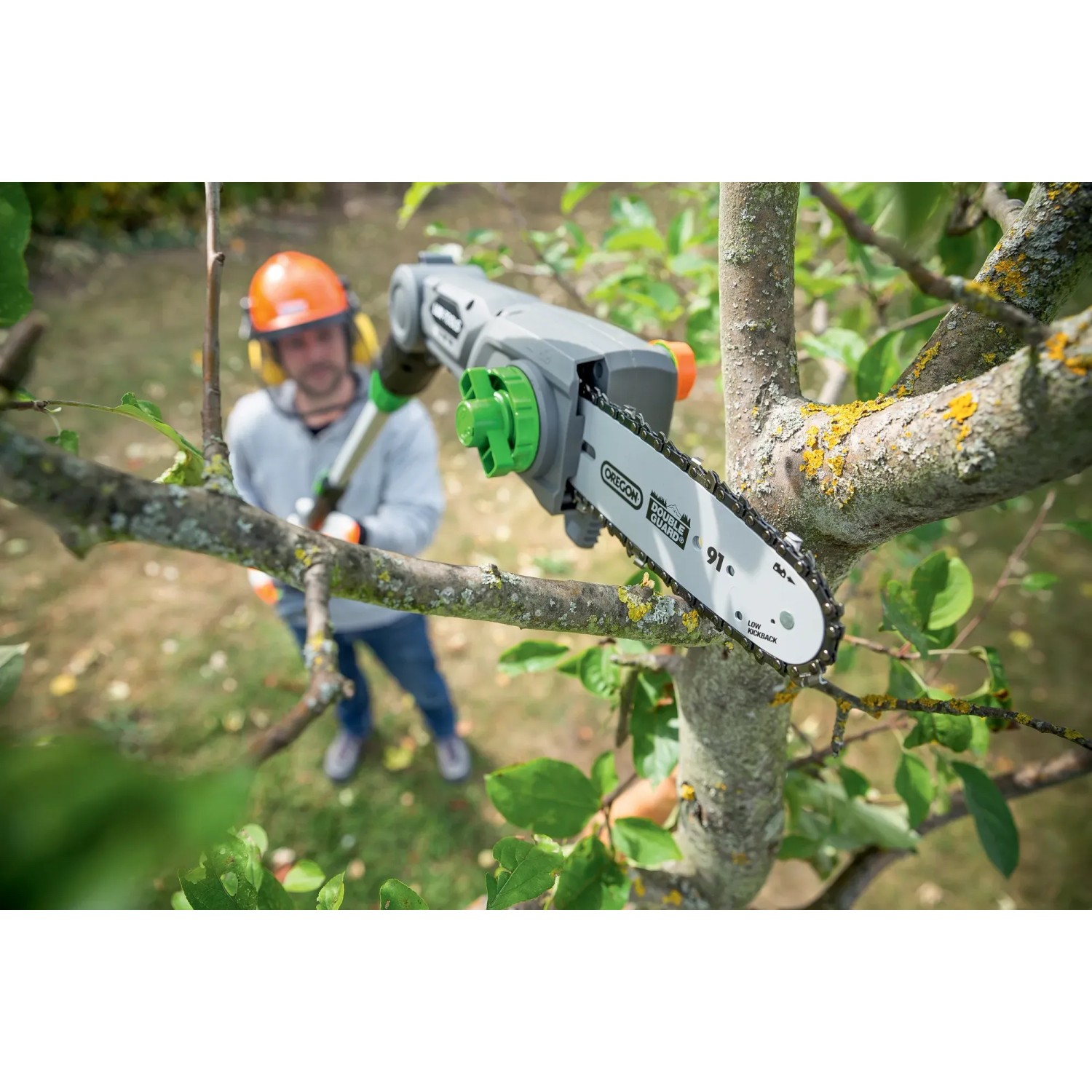 Potatore a batteria che taglia un ramo. Potatore in uso.