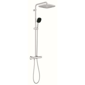 Set soffione doccia cromato con doccia a pioggia e doccetta.