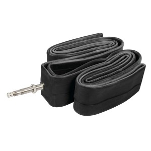 Camera d'aria per bici t.b.t. nera con valvola, piegata.