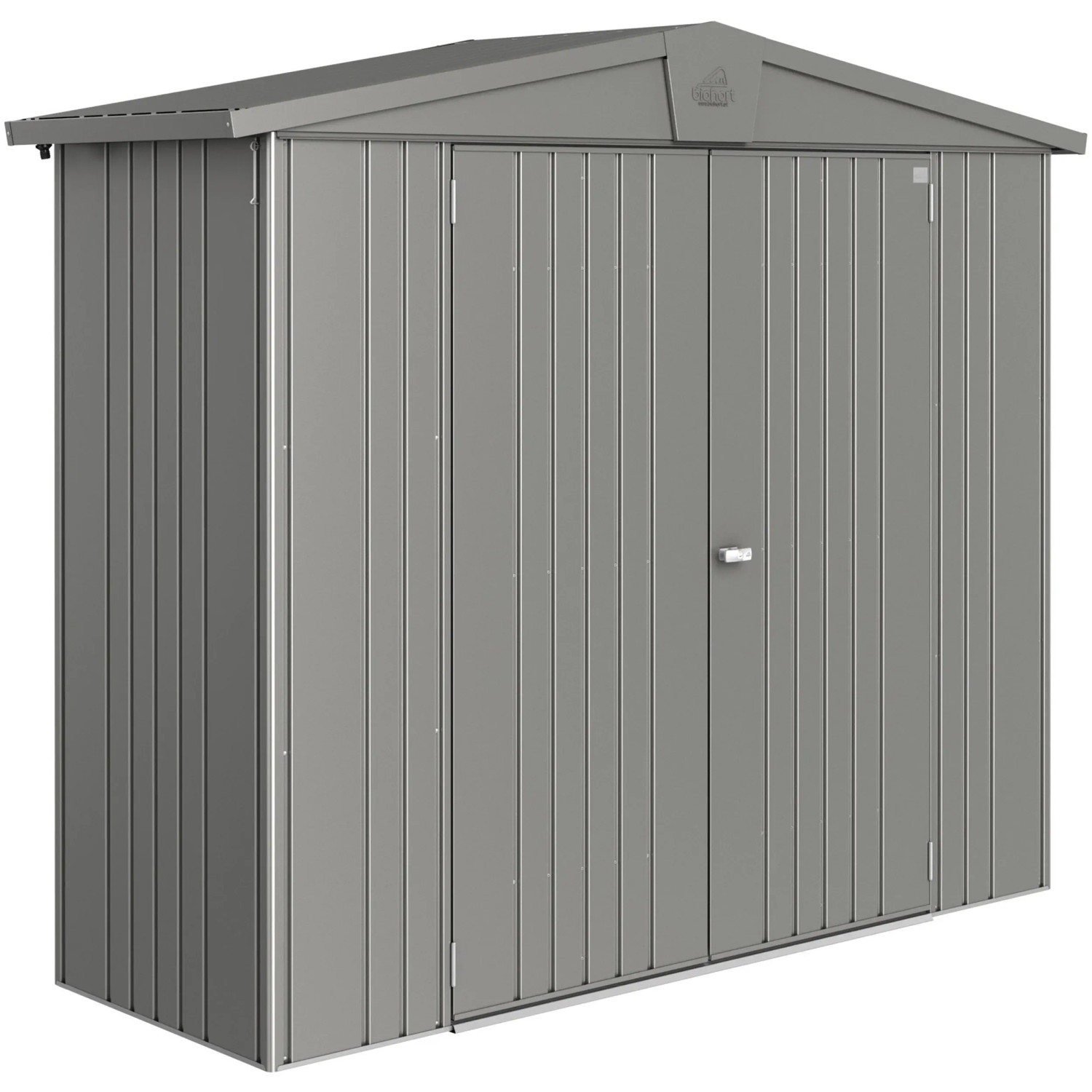 Casetta da giardino in metallo Biohort Europa, grigio quarzo metallizzato, 1,9 m², con doppia porta.