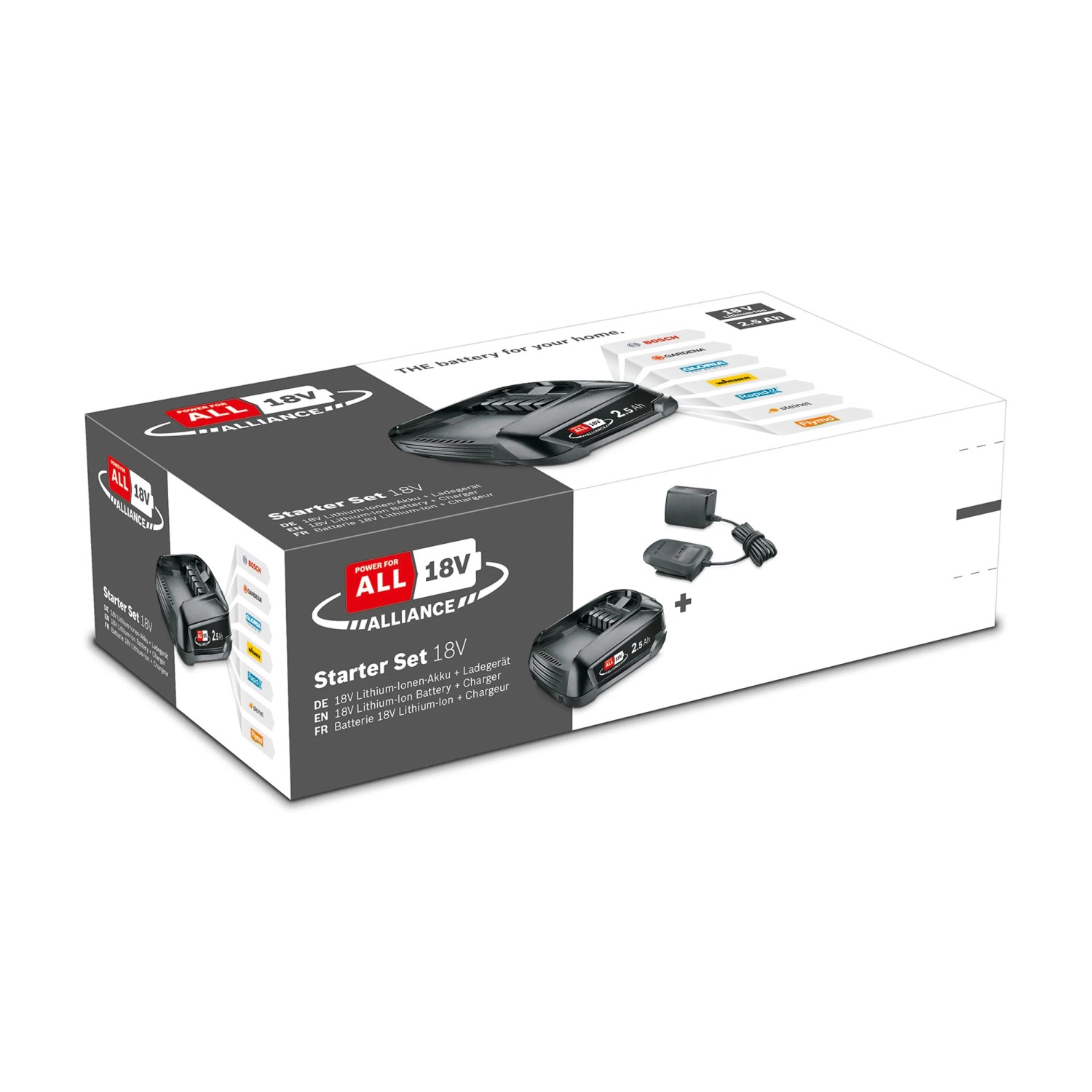 Set avviamento Bosch batteria 18V con batteria 2,5 Ah e caricabatterie nella confezione.