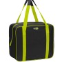 Borsa da campeggio nera con dettagli verdi e manici.