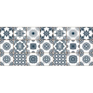 Tappeto da cucina t.b.t. con ornamenti blu e bianchi in stile piastrelle.