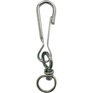 Moschettone argentato con girella per applicazioni versatili.