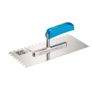 Cazzuola dentata LUX, acciaio inox, denti 8x8 mm, con manico blu per lavori di piastrelle e adesivi.