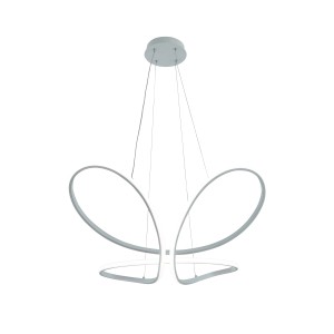 Moderna lampada a sospensione t.b.t. argentata con design curvo per interni.
