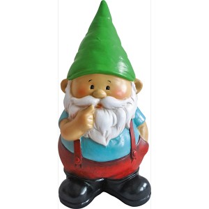 Gnomo da giardino in piedi, 20 cm, con cappello verde e pantaloni rossi come decorazione per il giardino.