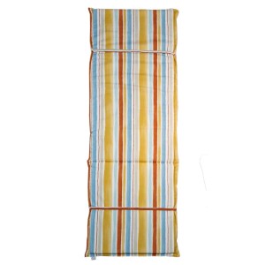 Cuscino da esterno a righe per lettini, giallo, blu, marrone. Comodo cuscino per mobili da giardino.