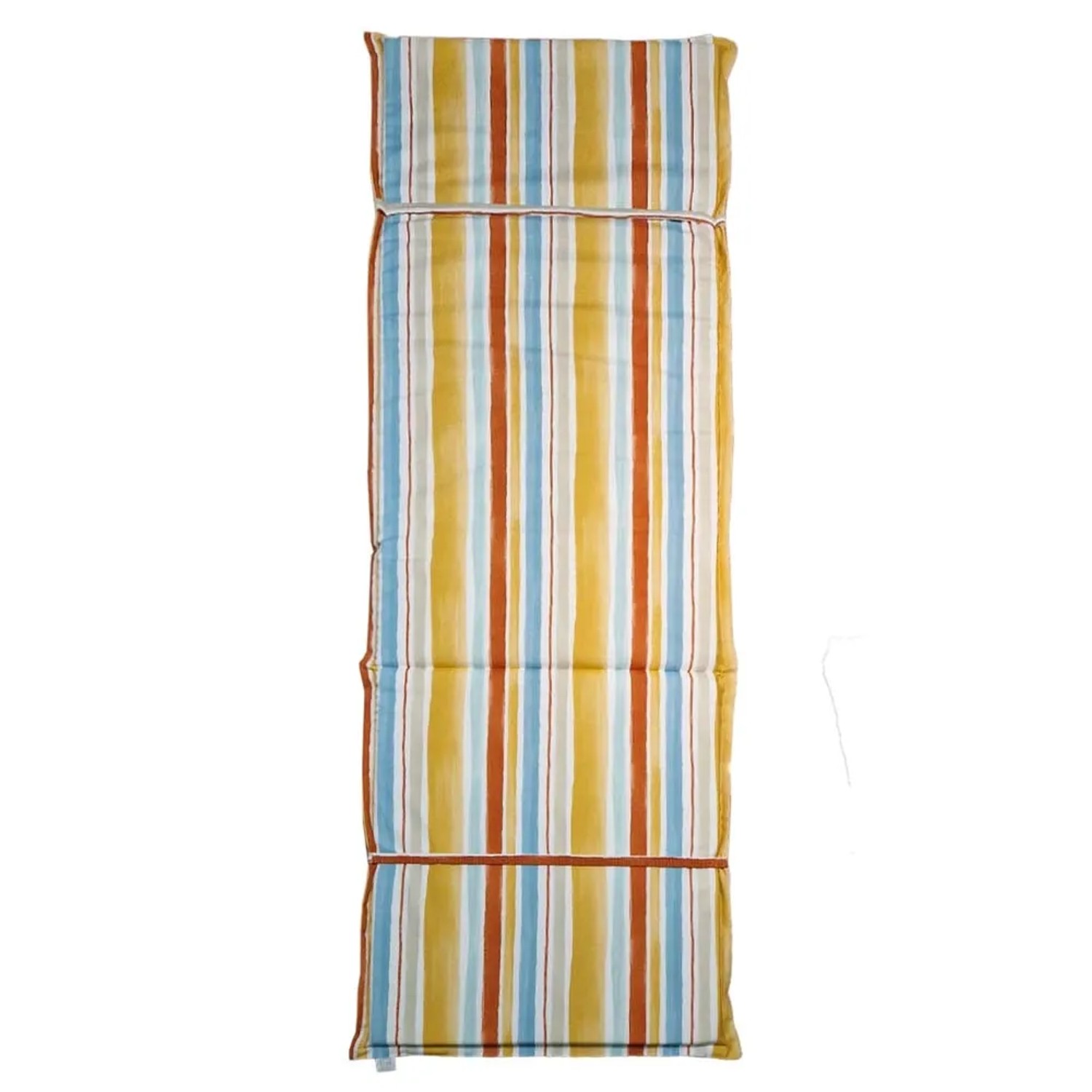 Cuscino da esterno a righe per lettini, giallo, blu, marrone. Comodo cuscino per mobili da giardino.